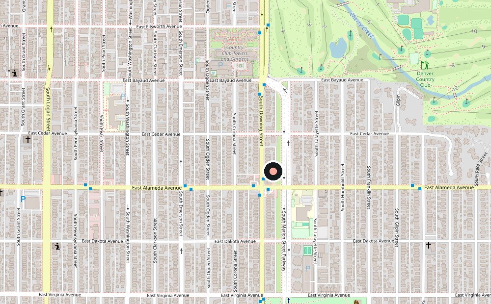 Street map marking Denver Tailoring near South Downing Street and East Alameda Avenue.